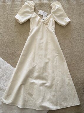 NWT Zara Cream Cottagecore Puff Sleeve A-Line Midi Dress Size XS